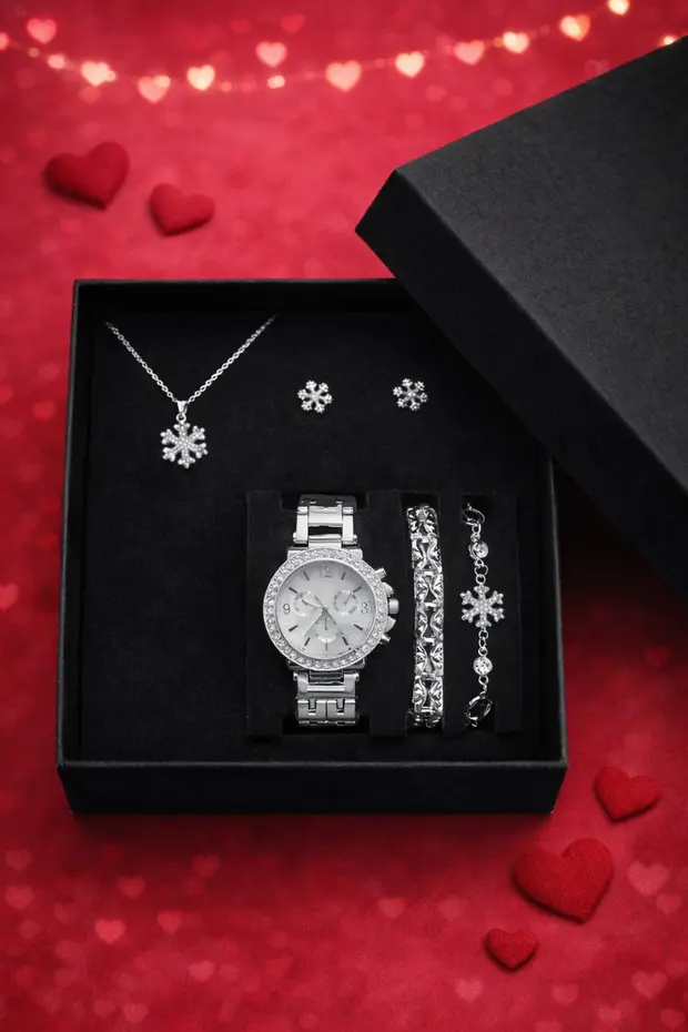 Gümüş Renk Kadın Kol Saati & Kolye Ve Küpe Kombin Hediye Seti